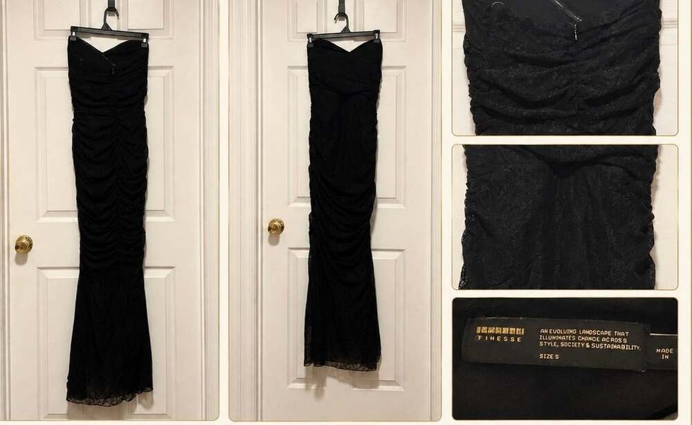 Finesse Black Lace Strapless Ruched Fishtail Maxi Dress Size S